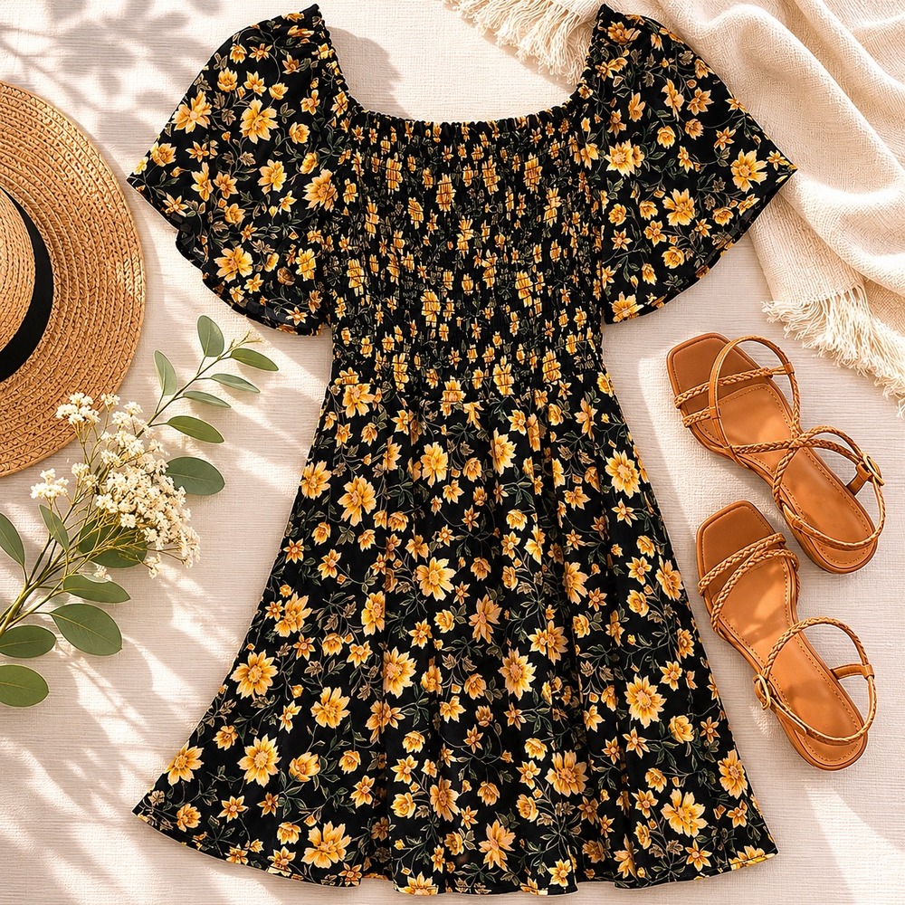 Angie Francesca's Black Yellow Floral Smocked Mini Dress Large C4189-W917-BLK
